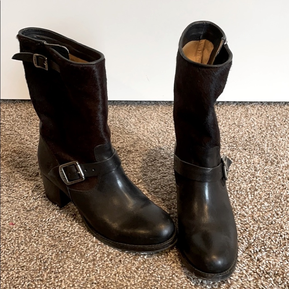 Frye Black Leather & Dark Brown Suede Mid-Calf Heeled Boots